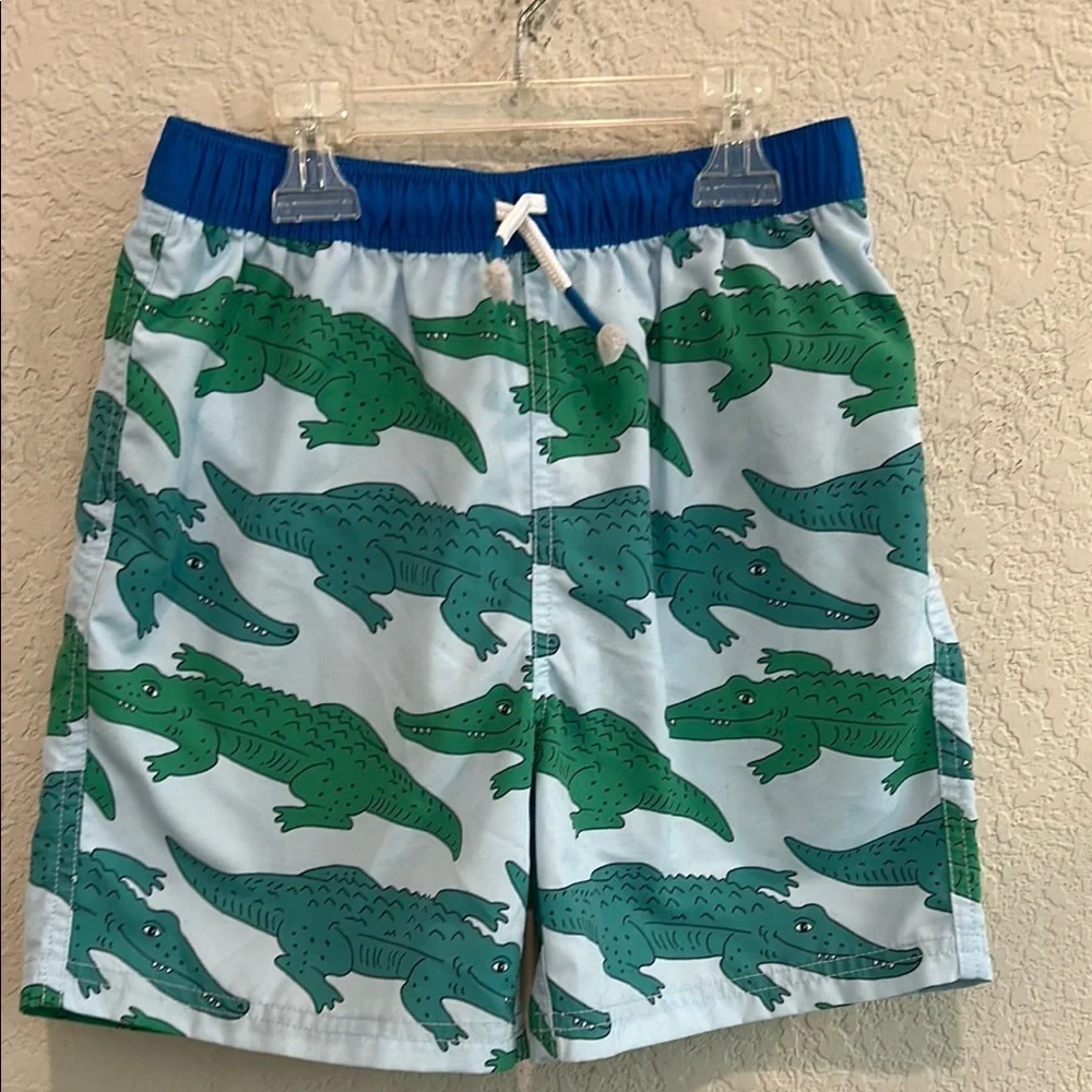 Mini BodenKids Swim Trunks with Green Alligator Print 8-9y